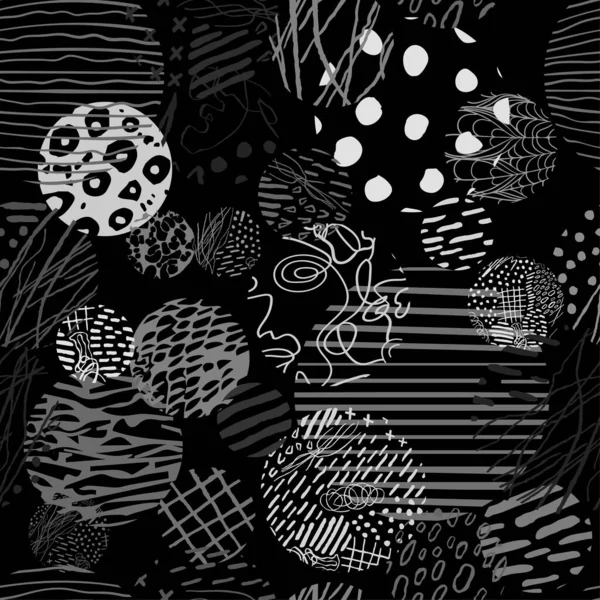 Schwarz-weißes nahtloses Muster mit von Hand gezeichneten abstrakten runden Elementen, Kritzeleien — Stockvektor