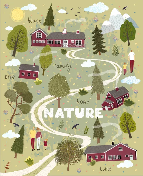 Paisaje natural con una casa de estilo escandinavo — Vector de stock