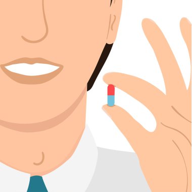 Genç adam beyaz arka planda izole edilmiş bir hap içiyor.