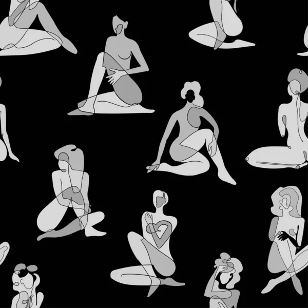 Fondo sin costuras con ilustración en blanco y negro del cuerpo de las mujeres de la silueta — Vector de stock