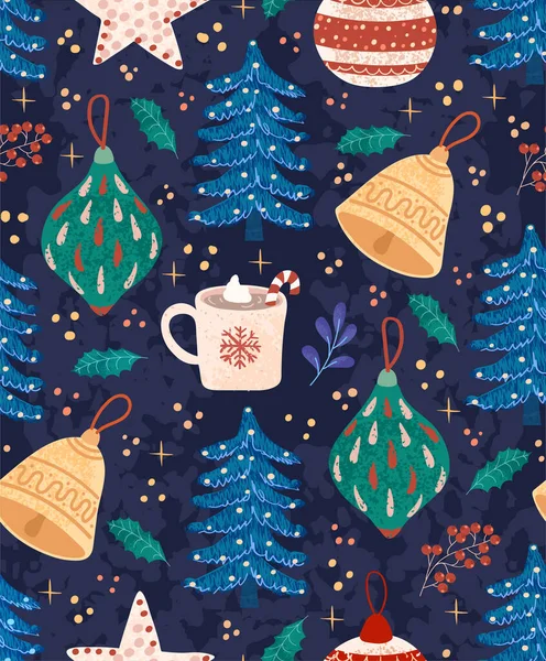 Fond sans couture coloré avec des illustrations colorées d'articles de Noël — Image vectorielle