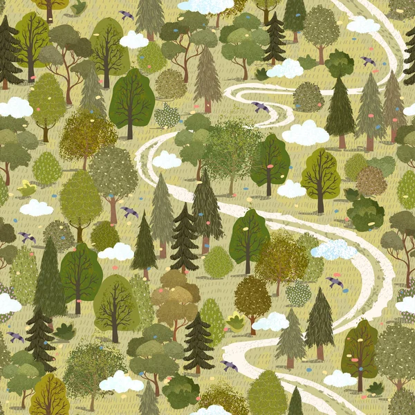 Bezproblémový vzor s barevnou ilustrací letní lesní krajiny ve skandinávském stylu — Stockový vektor