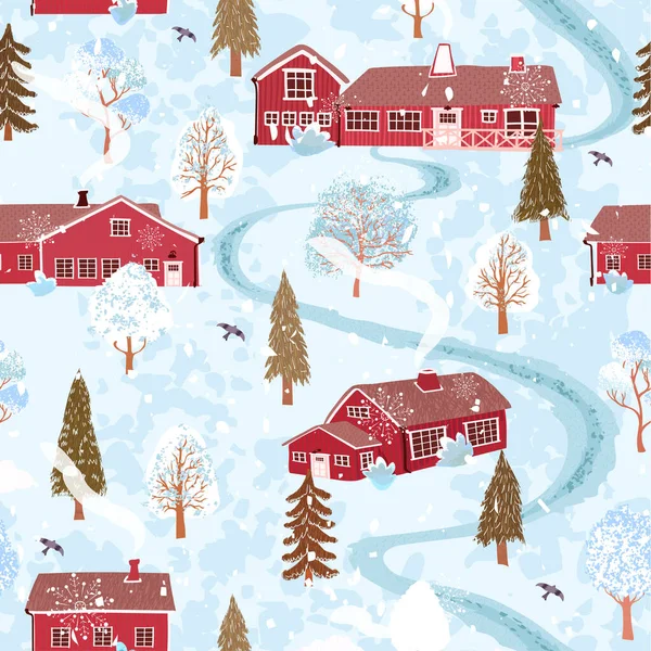 Безшовний візерунок з барвистою ілюстрацією зимового пейзажу з будинком у скандинавському стилі. — стоковий вектор
