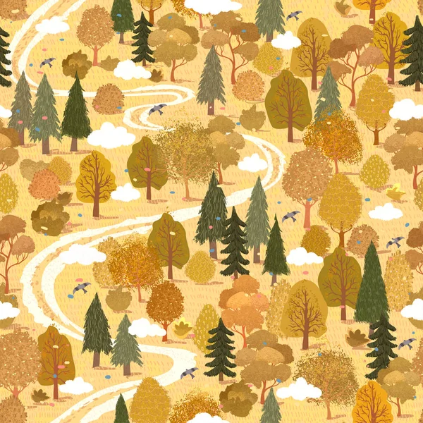 Modèle sans couture avec illustration colorée du paysage forestier d'été dans le style scandinave — Image vectorielle