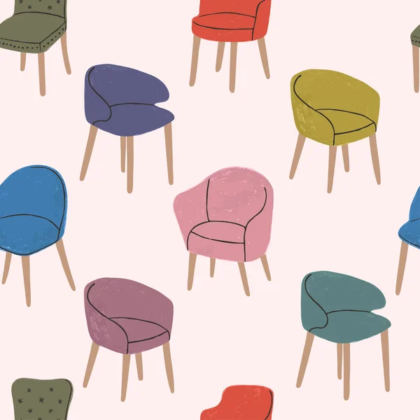 Patrón inconsútil colorido con ilustraciones de sillones cómodos modernos — Vector de stock