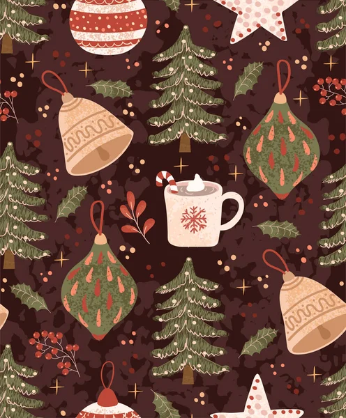 Fondo inconsútil colorido con ilustraciones coloridas de artículos de Navidad — Vector de stock