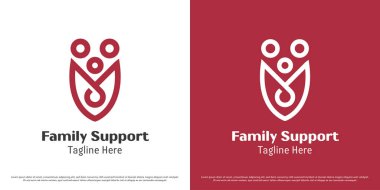 Aile logosu tasarım illüstrasyon vektörü. Aile silueti, baba, anne çocuk koruma kalkanı. Basit asgari soyut insan güvenlik simgesi.