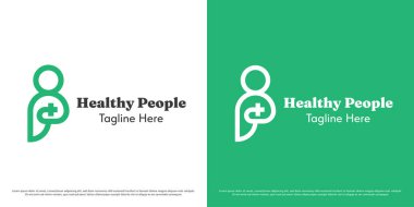 Sağlıklı hasta logosu çizim vektörü. Siluet insan kliniği, sağlık hizmetleri, tıbbi destek. Artı sembol simgesi basit asgari geometrik.