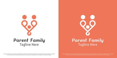 Aile logosu tasarımı çizim vektörü. Baba, anne, çocuk aile bireylerinin silueti kalp şeklinde. Basit, sakin, yumuşak geometrik simge simgesi.