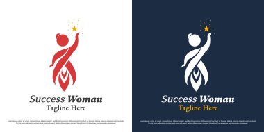 Kadın liderlik logosu tasarım illüstrasyon vektörü. Başarılı kadın insan perisi elf modeli silueti. İnsanlar, asgari simge simgesini soyutladılar.