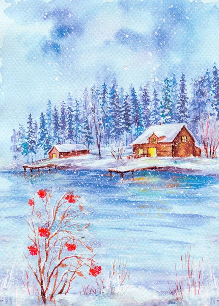 美しい冬の風景と水彩クリスマスイラスト 河岸の小さな家で 手前には柳の茂みがあります — ストック写真