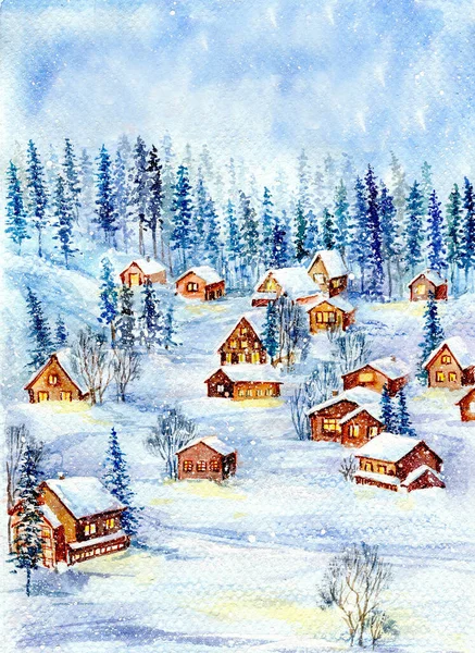 水彩画圣诞图景 冬季景色优美 山谷里的小房子 在森林的树间 — 图库照片