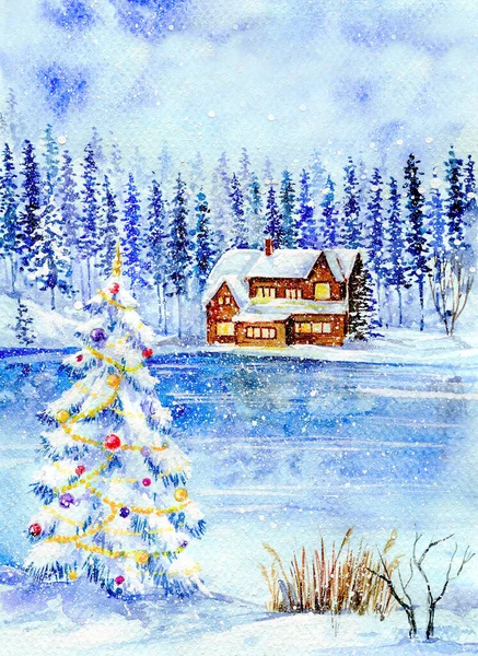 Акварель Різдвяна Ілюстрація Красивим Зимовим Пейзажем Затишний Будинок Посеред Лісу — стокове фото