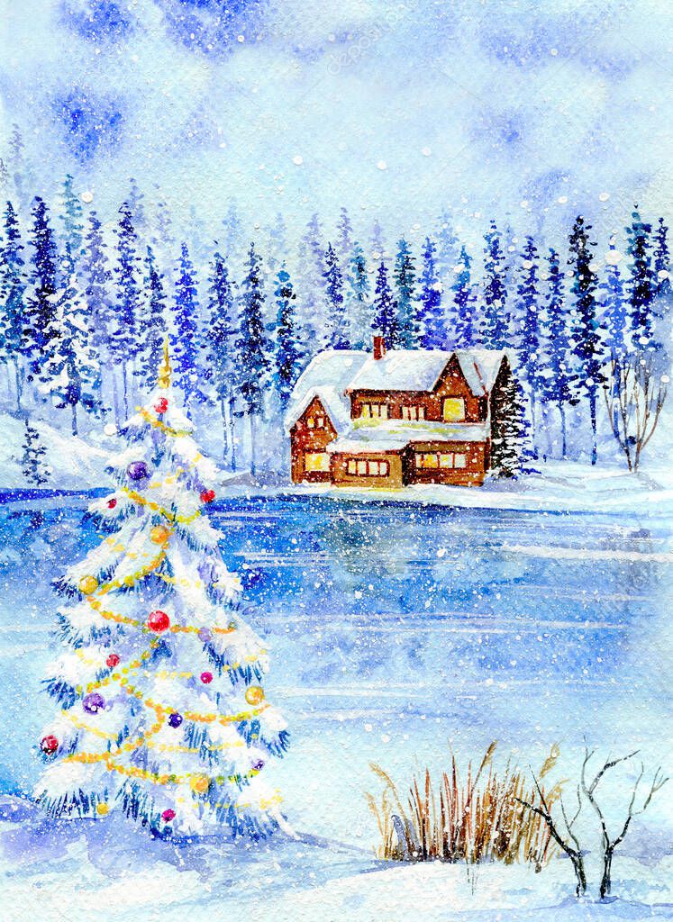 Watercolor Christmas illustration with a beautiful winter landscape. Cozy house in the middle of the forest, with a Christmas tree in the foreground.