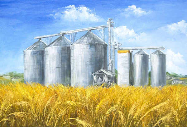 Oil Painting Landscape Grain Elevators Wheat Field — Stock Photo, Image