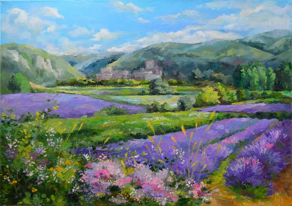 Ölgemälde Landschaft Mit Lavendelfeldern Provence — Stockfoto