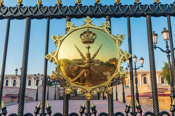 Middle East, Arabian Peninsula, Oman, Muscat. Shield on the gates of Al Alam Palace in Muscat.