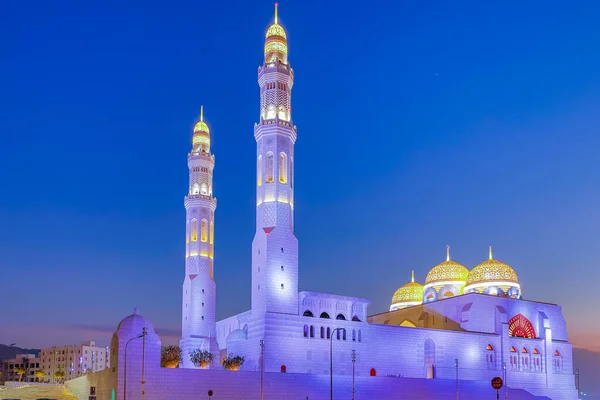 Middle East, Arabian Peninsula, Oman, Muscat, Bawshar. Evening view of the Muhammad Al Ameen Mosque in Bawshar, Muscat.
