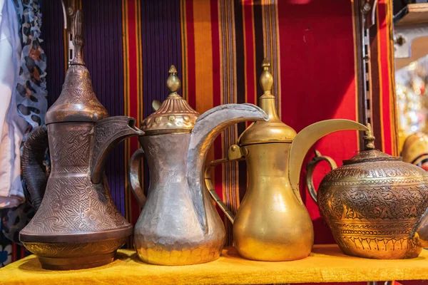 Middle East, Arabian Peninsula, Oman, Muscat, Muttrah. Oct. 21, 2019. Traditional tea pots in the Muttrah souk.