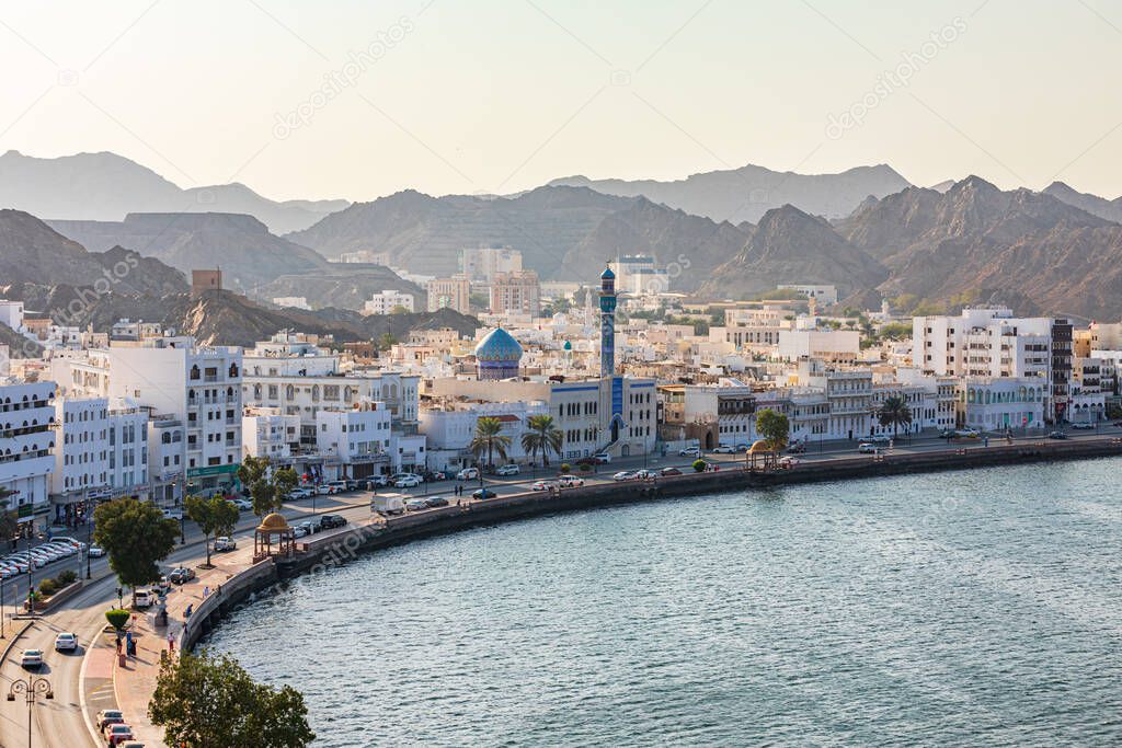 Middle East, Arabian Peninsula, Oman, Muscat, Muttrah. The waterfront and harbor in Muttrah.