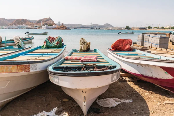 Middle East, Arabian Peninsula, Oman, Al Batinah South, Sur. Fishing boats on the beach in the harbor of Sur, Oman.