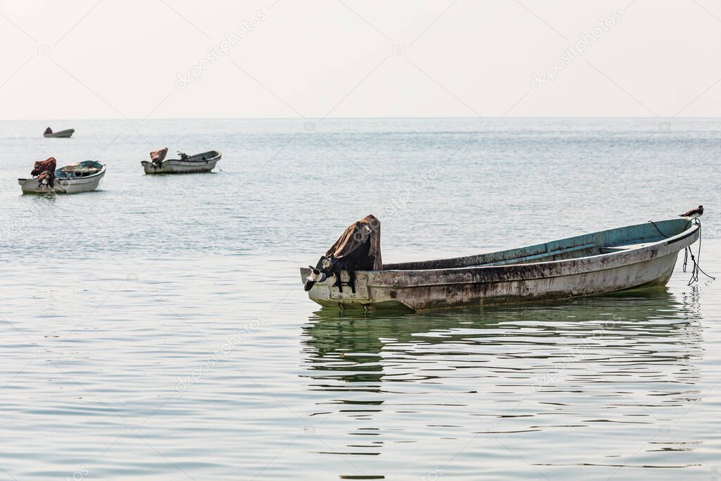 Middle East, Arabian Peninsula, Oman, Al Wusta, Mahout. Fishing boats on the Arabian Sea in Oman.