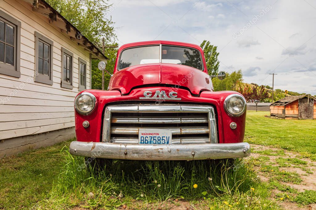 Albion, Washington, USA. May 23, 2021. A vintage red GMC pickup truck.