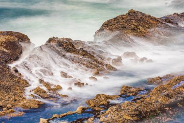 Shore Acres State Park, Oregon, ABD. Yavaş çekim hızı kayaların üzerinden akan dalgaların bulanıklığı.
