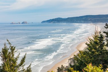 Cape Gözcü Eyalet Parkı, Oregon, ABD. Cape Gözcü 'den sahil manzarası ve Oceanside kasabası.