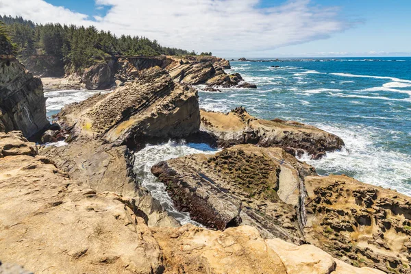 Shore Acres State Park, Oregon, ABD. Oregon sahilinde sörf ve kayalıklar.