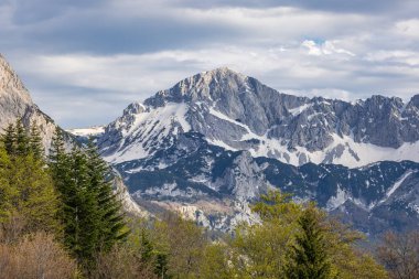 Tjentiste, Foca, Bosna-Hersek. Sutjeska Ulusal Parkı 'ndaki Perucica Ormanı' ndaki engebeli dağlar.