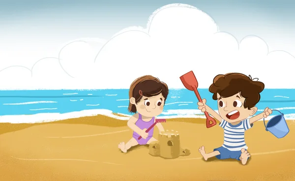 Chlapec a dívka na pláži — Stock fotografie