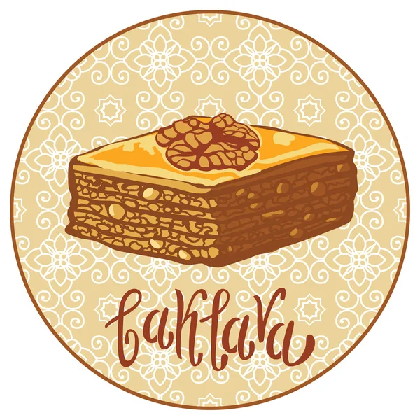 Пахлава це солодке тісто в Туреччині, Векторна ілюстрація пахлава з традиційним малюнком. Продовольча ілюстрація для дизайну, меню, кафе Billboard. Рукописні написи. — стоковий вектор