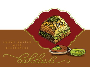 Baklava Türkiye'nin en popüler tatlı böreği, antep fıstığı ile baklava vektör illüstrasyon. Tasarım, menü, kafe reklam panosu için gıda illüstrasyon. El yazısı harfler.