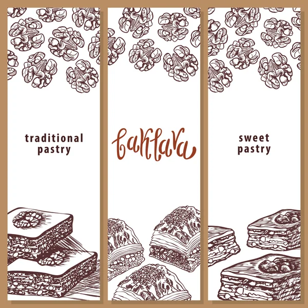 Baklava est la pâtisserie sucrée d'Asie, illustration vectorielle de baklava avec un motif traditionnel. Illustration alimentaire pour design, menu, panneau d'affichage de café. Lettrage manuscrit. Croquis — Image vectorielle