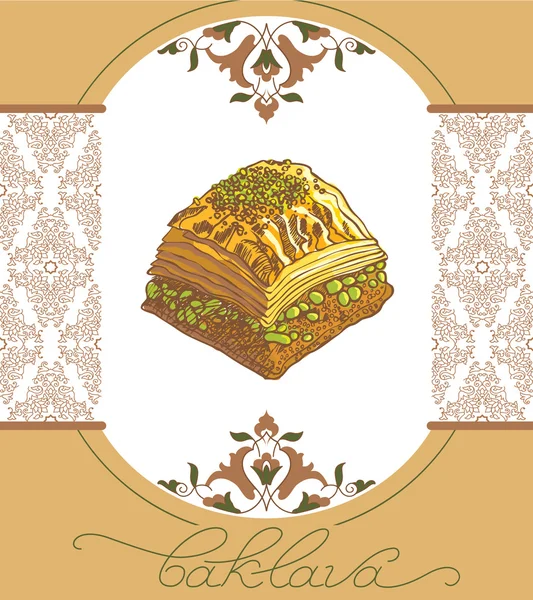 Пахлава є найпопулярнішим солодким десертом в Туреччині, Векторна ілюстрація пахлава з фісташками. Продовольча ілюстрація для дизайну, меню, кафе Billboard. Рукописні написи. — стоковий вектор