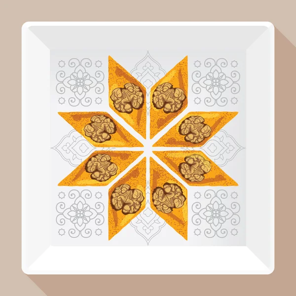 Baklava es el postre más popular en Turquía, ilustración vectorial de baklava en un plato blanco cuadrado con un patrón tradicional. Ilustración de alimentos para diseño, menú, cartelera de café . — Vector de stock