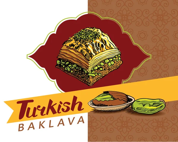 Baklava je nejoblíbenější sladké pečivo v Turecku, vektorová ilustrace baklavy s pistácie. Jídlo pro design, jídelní lístek, Café Billboard. Rukopisné nápisy. — Stockový vektor