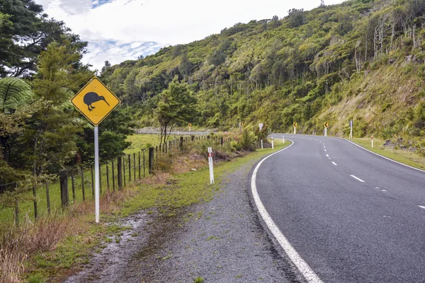 Warning sign for Kiwi crossing on the Northern Island of New Zealand — Stock Photo, Image