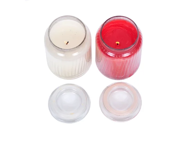 White and red candles in house warmer house jar — Stock Photo, Image