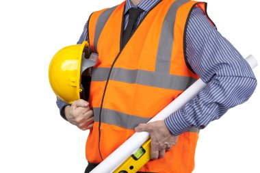 Bina Surveyor çizimler taşıyan turuncu görünürlük yeleği