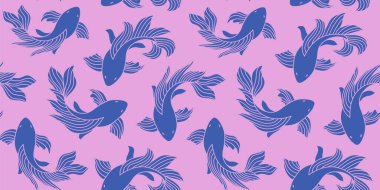 Original seamless pattern of a koi fish, carp in blue and pink colors, Chinese new year, Asian festives. Graceful background, wrapping paper, fabric swatch