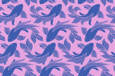 Original seamless pattern of a koi fish, carp in blue and pink colors, Chinese new year, Asian festives. Graceful background, wrapping paper, fabric swatch