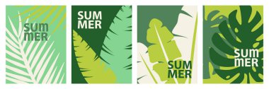 Collection of four vertical abstract summer posters with silhouetes of tropical leaves, colorful nature background