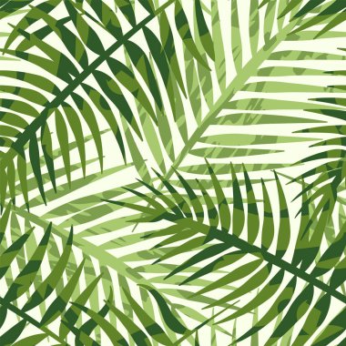 Green tropical foliage, light nature background, seamless abstract palm leaves pattern. Vector illustration for fabric, wallpaper, package, banners