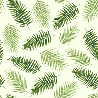 Green tropical foliage, light nature background, seamless abstract palm leaves pattern. Vector illustration for fabric, wallpaper, package, banners