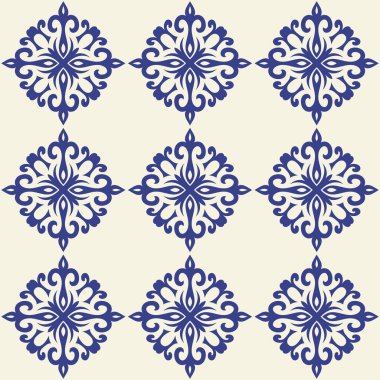 Seamless mediterranean blue pattern, geometric, floral motif, loopable elements, retro design for background, fabric, textile, tile, wallpaper