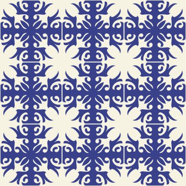 Seamless mediterranean blue pattern, geometric, floral motif, loopable elements, retro design for background, fabric, textile, tile, wallpaper