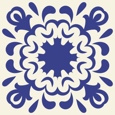 Mediterranean ceramic blue seamless tile pattern, tamplate of square stamp, carving template, rotational symmetry, arabic style, isolated on white background