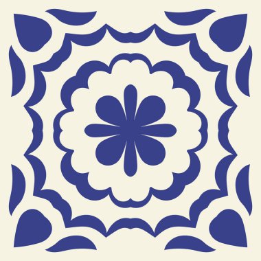 Mediterranean ceramic blue seamless tile pattern, tamplate of square stamp, carving template, rotational symmetry, arabic style, isolated on white background